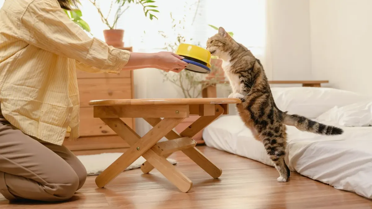 A dog eating from a stainless bowl while an owner watches from the kitchen counter