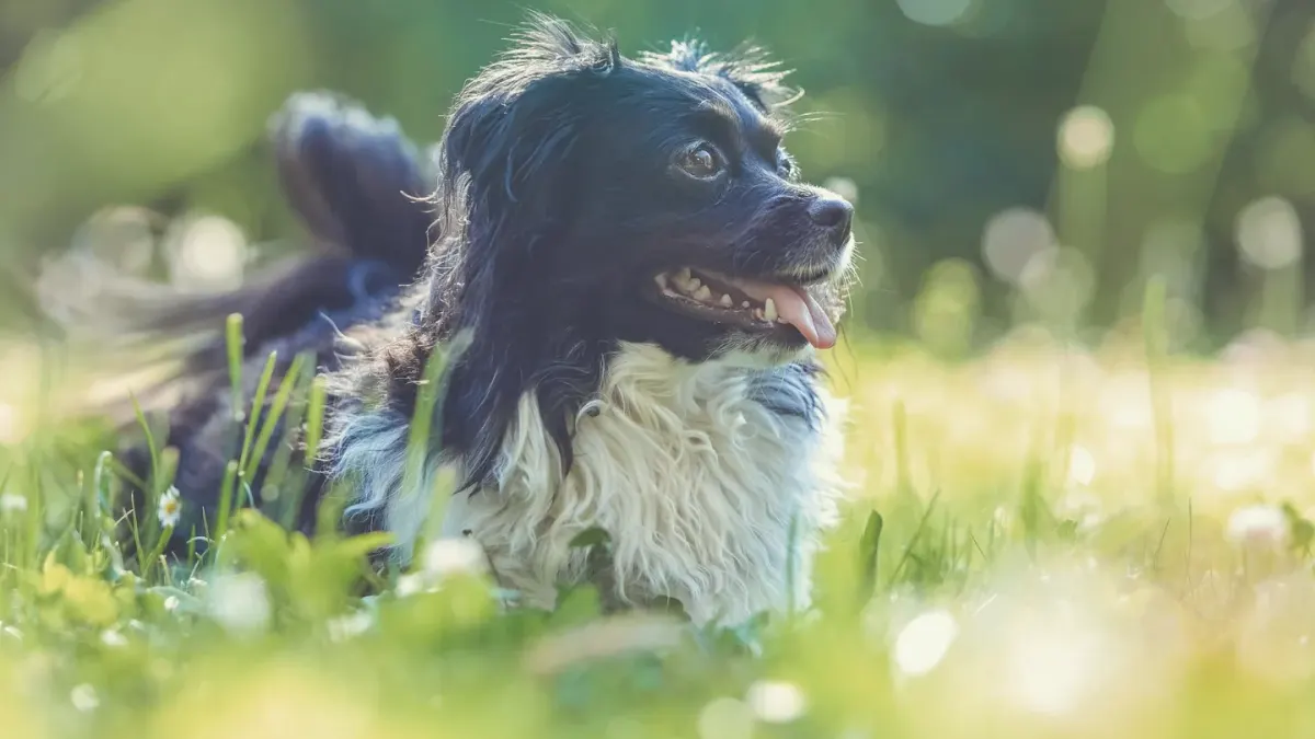 A dog standing stiffly at the edge of a crowded dog park, panting