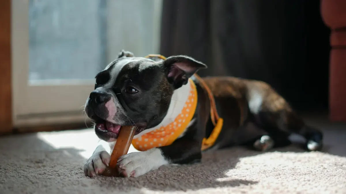 A small dog chewing a soft calming treat on a kitchen floor