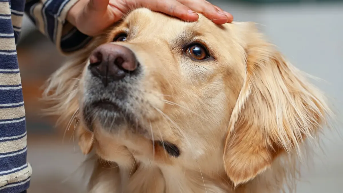 A veterinarian gently palpating a golden retriever's abdomen during a routine exam