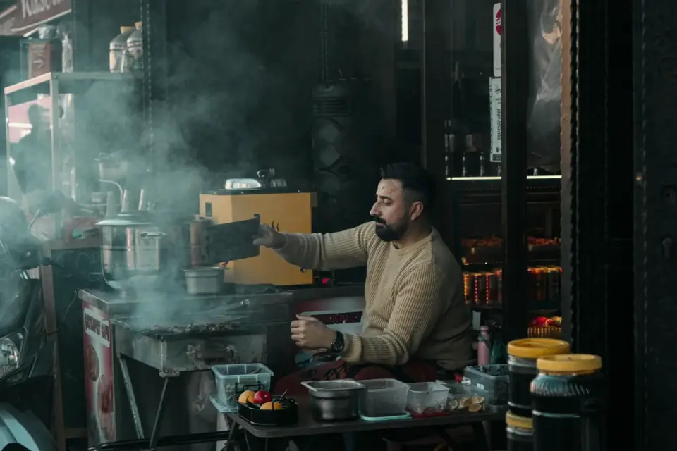 Dog owner preparing a meal