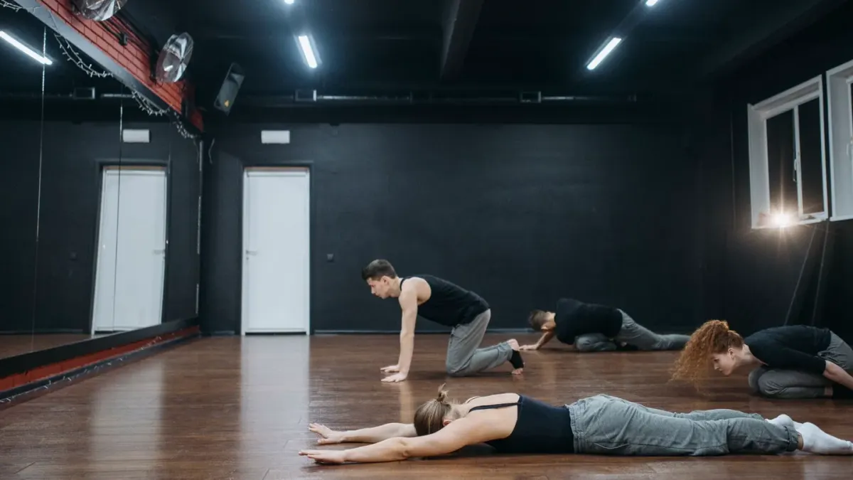 Dog stretching indoors