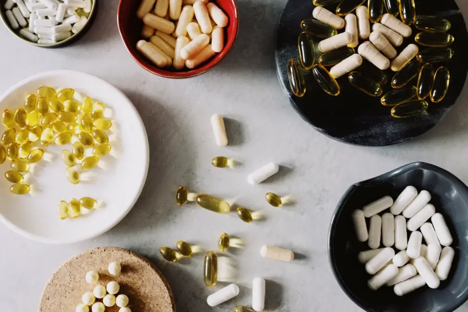 Fish oil supplement bottle next to a dog&#x27;s food bowl on a kitchen counter