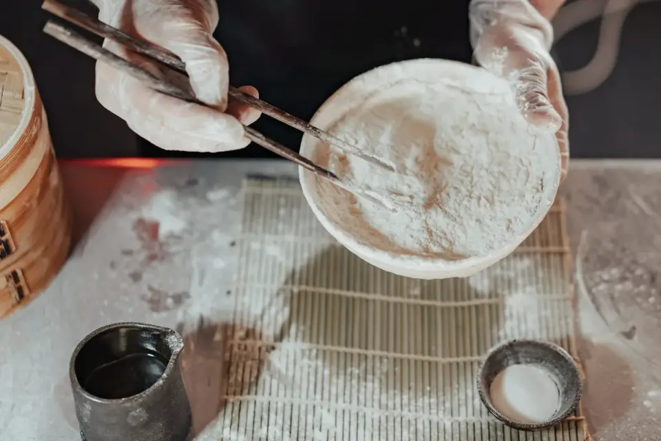 Owner stirring a scoop of supplement powder into a dog&#x27;s food bowl
