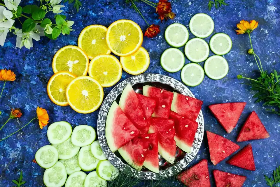 Small cubes of seedless watermelon portioned in a dog&#x27;s bowl