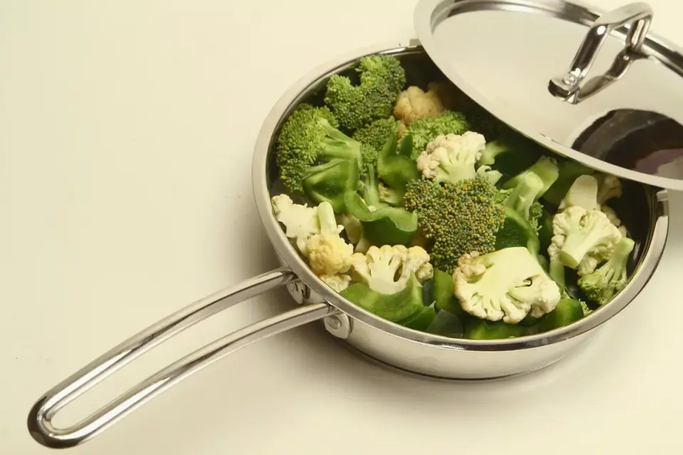 Small steamed broccoli florets set beside a stainless bowl of dog kibble